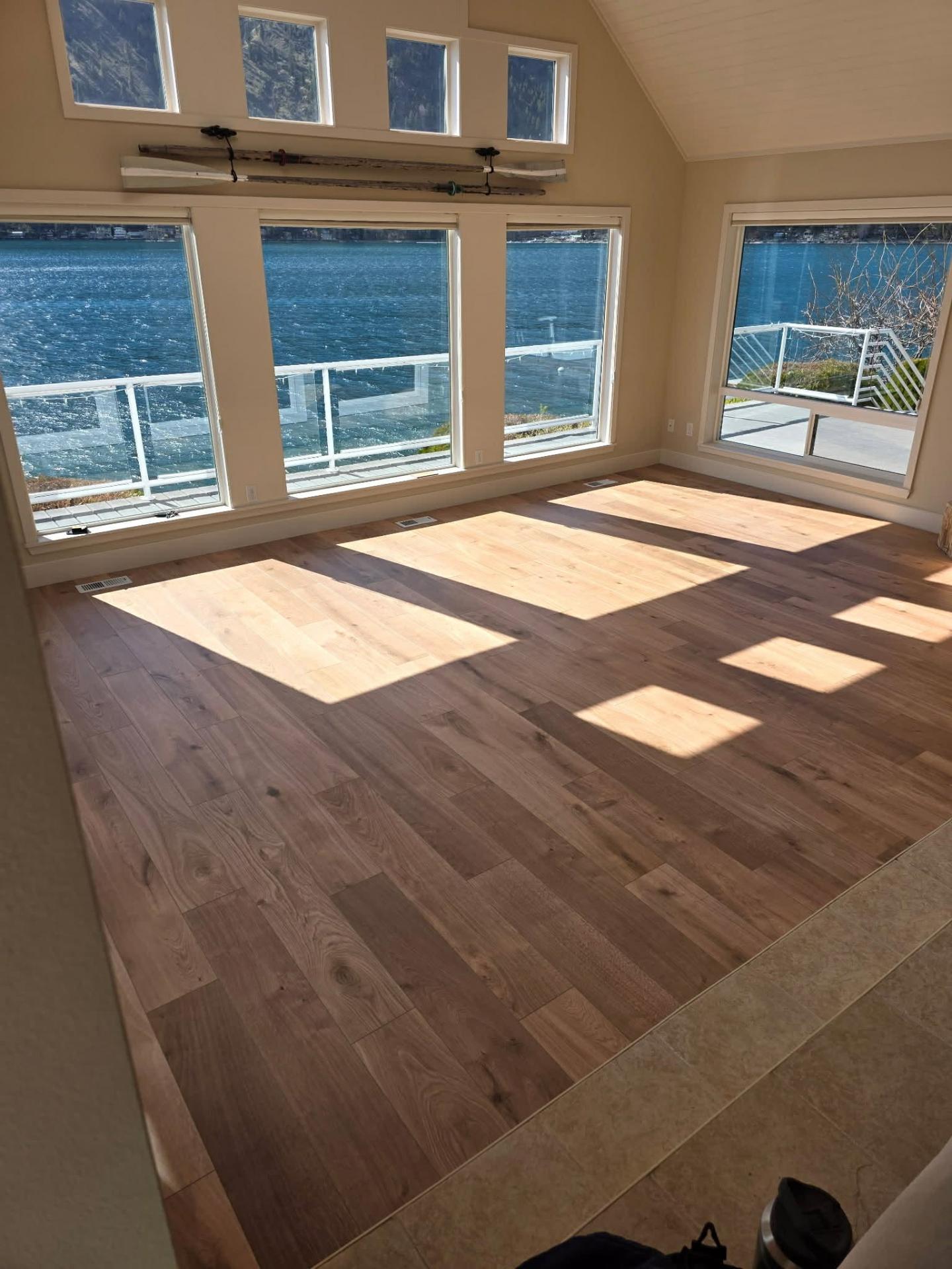 NuCore LVP install in great room of Lake Chelan home with lake view